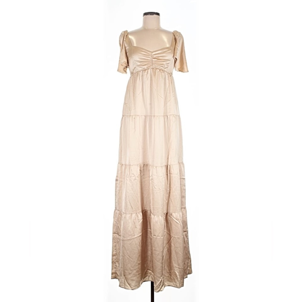 Show Me Your MuMu Women’s Champagne Satin Maxi Dress with Puff Sleeves